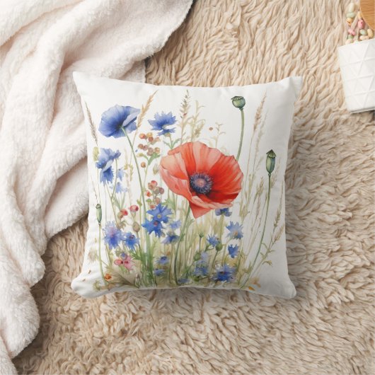 野生の花ケシと青トウモロコシの花 クッション (ブランケット)