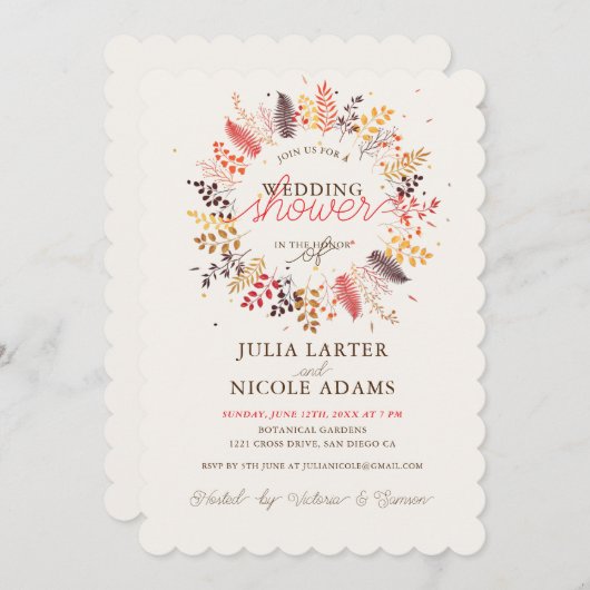 野生の花シダのキノコの葉ウェディングシャワー 招待状 (正面/裏面)