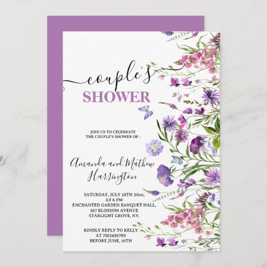 野生の花パープルフローラ牧草地の水色 招待状 (正面/裏面)