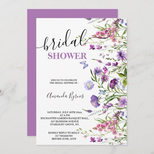 野生の花パープルフローラ牧草地の水色 招待状 (正面/裏面)