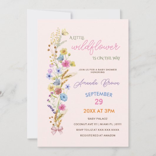 野生の花ピンクの赤ちゃん女の子シャワー 招待状 (正面)