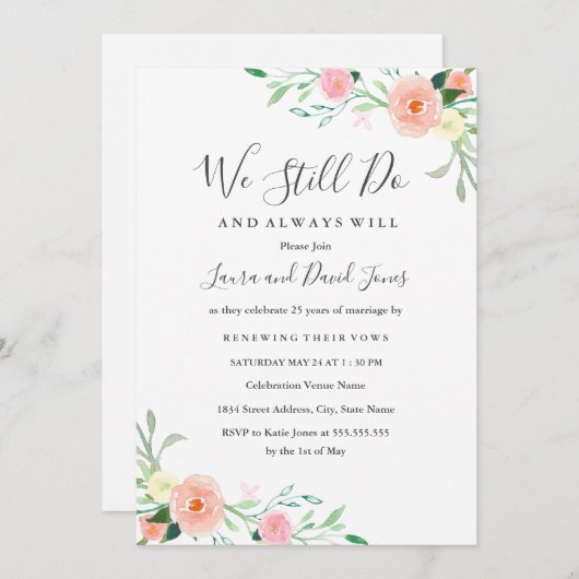 野生の花ピーチピンクフローラ結婚の誓いの更新 招待状 (正面/裏面)