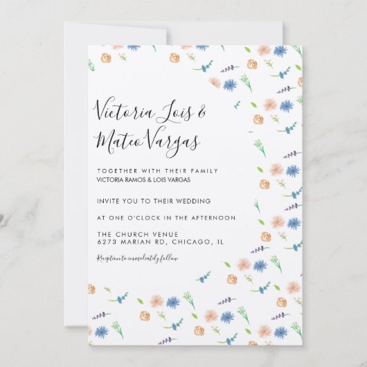野生の花フローラ緑の水の色結婚の 招待状 (正面)