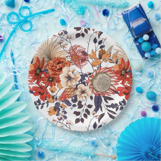 野生の花プロテアと葉の紫色のオレンジ色の金ゴールド ペーパープレート (パーティー)