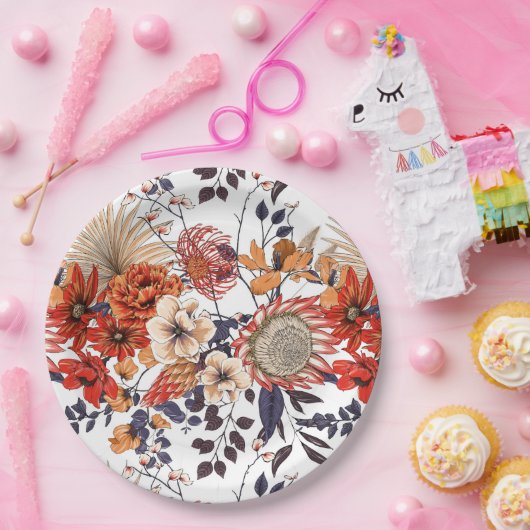 野生の花プロテアと葉の紫色のオレンジ色の金ゴールド ペーパープレート (パーティー)