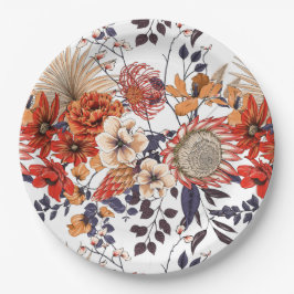 野生の花プロテアと葉の紫色のオレンジ色の金ゴールド ペーパープレート