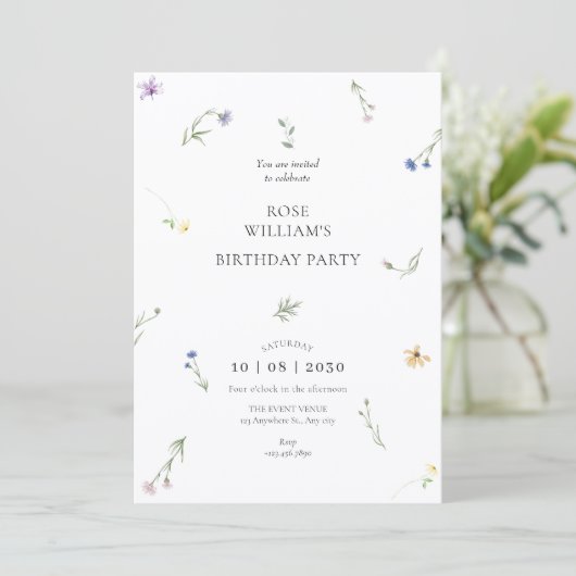 野生の花ミニマルエレガント誕生日 招待状 (スタンド正面)