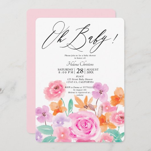 野生の花春フローラ水の色ベビーシャワー 招待状 (正面/裏面)