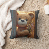 野生の花束を持つ茶色のテディベア クッション (ブランケット)