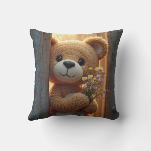 野生の花束を持つ茶色のテディベア クッション (裏面)