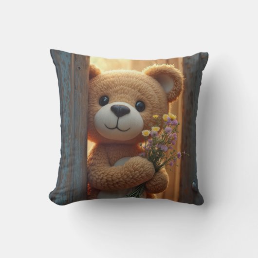 野生の花束を持つ茶色のテディベア クッション (正面)