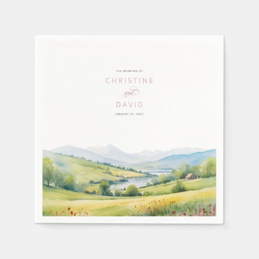 野生の花畑と山のラスティックウェディング スタンダードカクテルナプキン (正面)