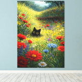 野生の花畑に潜む黒猫 キャンバスプリント (インサイチュ (ウッドフロア))