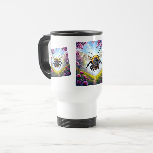野生の花畑を飛ぶ蜂 トラベルマグ (正面左)