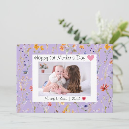 野生の花紫色の最初の母の日の写真 サンキューカード (スタンド正面)
