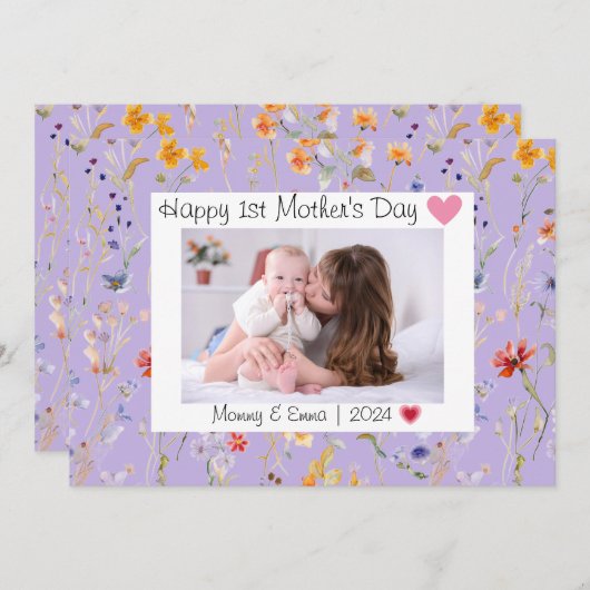 野生の花紫色の最初の母の日の写真 サンキューカード (正面/裏面)