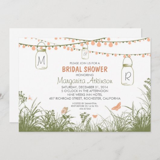 野生の花、ライト及びメーソンジャーのブライダルシャワー 招待状 (正面/裏面)