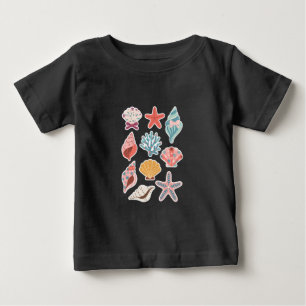 野生の花+貝殻+二枚貝+夏の雰囲気+花柄+ビーチ ベビーTシャツ
