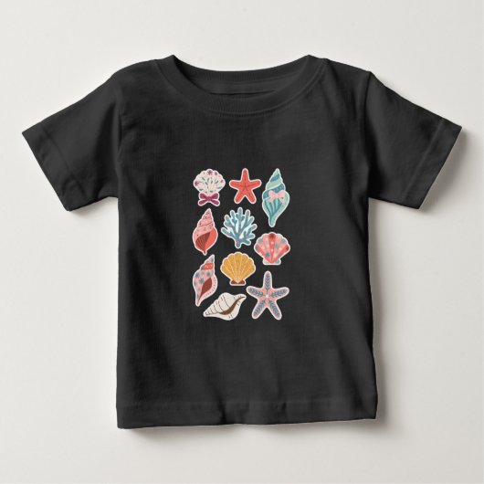 野生の花+貝殻+二枚貝+夏の雰囲気+花柄+ビーチ ベビーTシャツ (正面)