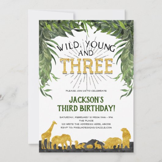 野生の若者3人サファリ動物3歳誕生日 招待状 (正面)