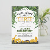 野生の若者3人サファリ動物3歳誕生日 招待状 (スタンド正面)