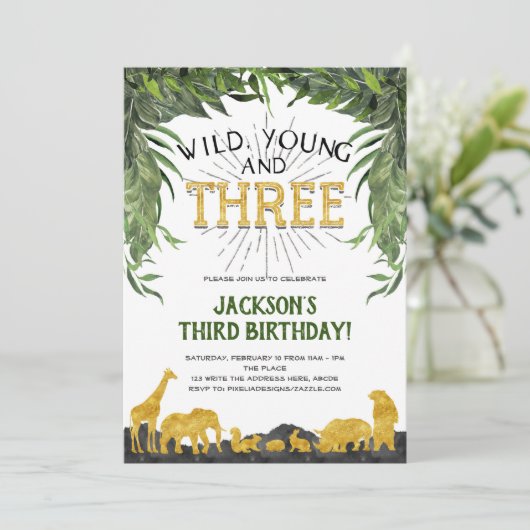 野生の若者3人サファリ動物3歳誕生日 招待状 (スタンド正面)