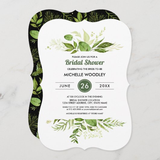 野生の草原 |グリーンボタニカルブライダルシャワー 招待状 (正面/裏面)