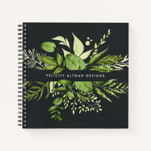 野生の草原 |ブラック&グリーン植物学パーソナライズされた ノートブック (正面)