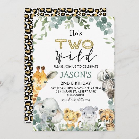 野生の葉サファリ2歳の誕生日 招待状 (正面/裏面)