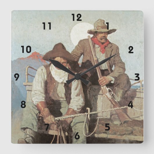 野生の西のテーマステージのコーチのカウボーイの時計 スクエア壁時計 (正面)
