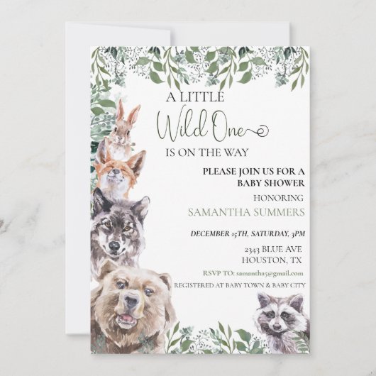 野生の赤ちゃんシャワー森林動物 招待状 (正面)