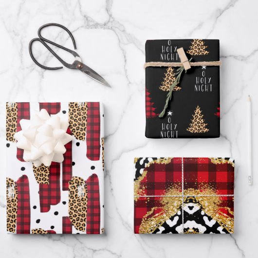野生の赤バッファロープレイドヒョウ印刷クリスマス ラッピングペーパーシート (正面)