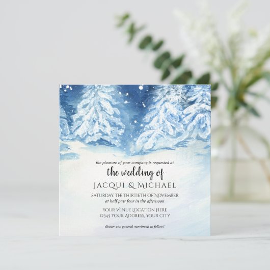 野生の雪の多い森の木の水彩結婚の木|正方形 招待状 (スタンド正面)