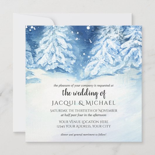 野生の雪の多い森の木の水彩結婚の木|正方形 招待状 (正面)