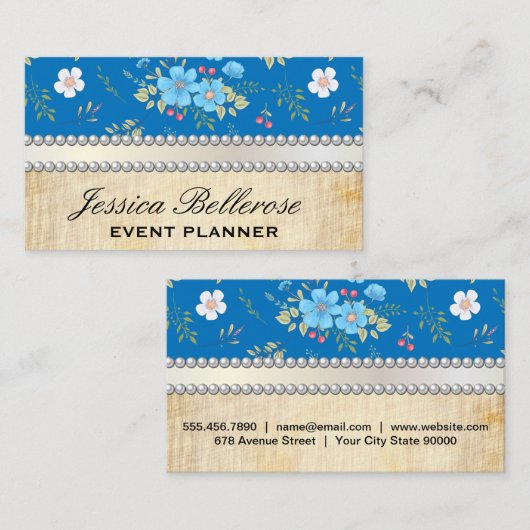 野生の青い白い花 |ヴィンテージ真珠リボン 名刺 (正面/裏面)