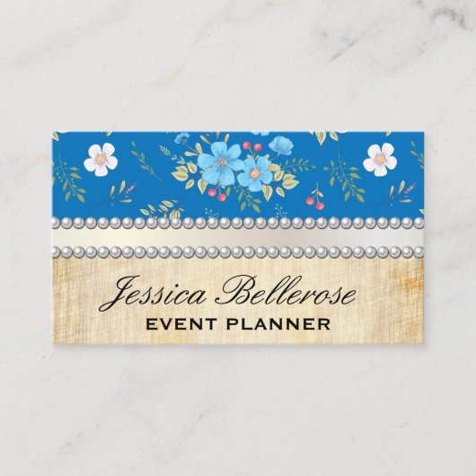 野生の青い白い花 |ヴィンテージ真珠リボン 名刺 (正面)