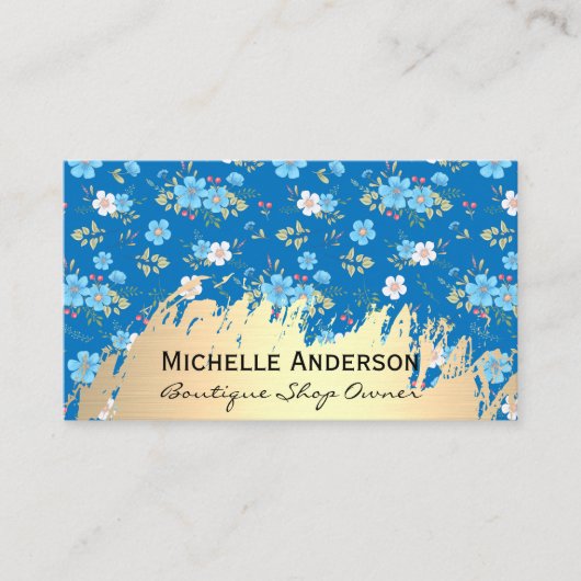 野生の青い白い花 |金属ブラシ金ゴールド 名刺 (正面)