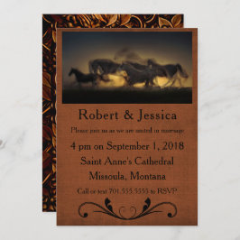 野生の馬が走る & ブラウン背景 ウェスタン 招待状