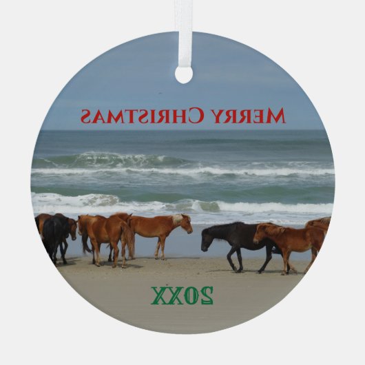 野生の馬の外側の銀行OBXクリスマス ガラスオーナメント (裏面)