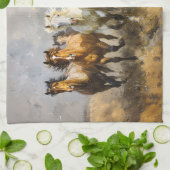 野生の馬群の躍動感あふれるムスタングの絵 キッチンタオル (折り畳み)