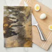 野生の馬群の躍動感あふれるムスタングの絵 キッチンタオル (四つ折り)