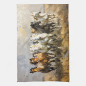 野生の馬群の躍動感あふれるムスタングの絵 キッチンタオル (縦)