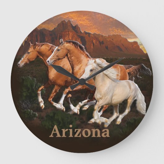 野生の馬 ラージ壁時計 (正面)