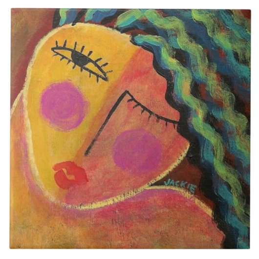 野生の髪の女性の抽象的な肖像画 タイル (正面)