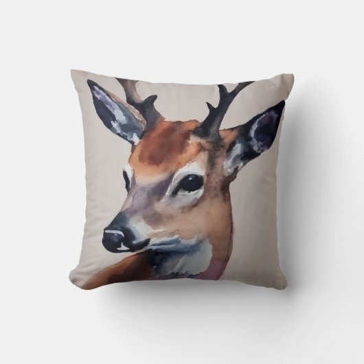 野生の鹿ポートレート水絵画色の鹿 クッション (正面)
