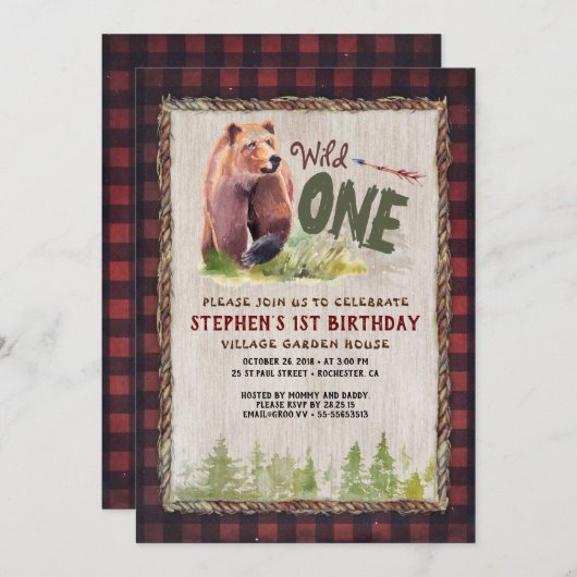 野生の1つのくまの樵の冒険の誕生会 招待状 (正面/裏面)