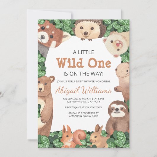 野生の1つのウッドランド動物のクマ茶色の赤ちゃんシャワー 招待状 (正面)
