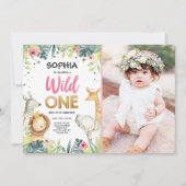 野生の1つのサファリの金ゴールドの女の子のピンク動物の誕生日 招待状 (正面)