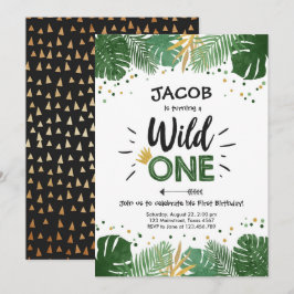 野生の1つのサファリの金ゴールドの男の子動物の誕生会 招待状