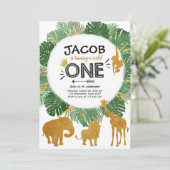 野生の1つのサファリの金ゴールドの男の子動物の誕生会 招待状 (スタンド正面)